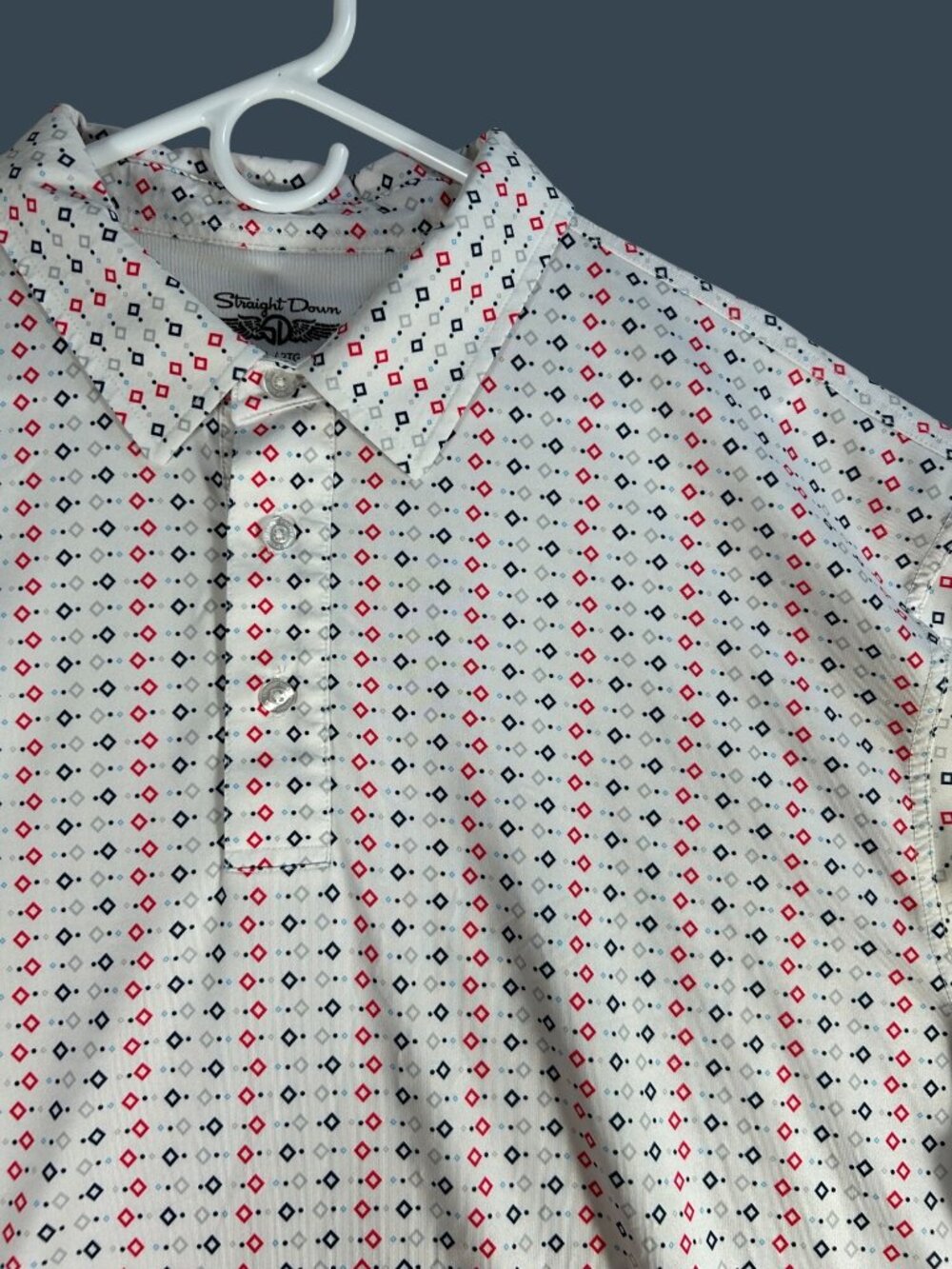 Straight Down Polo Shirt Mens XXL White Red Geometric Print Stretch Golf Active